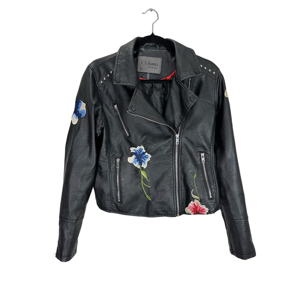 Ci Sono by Cavalini Floral Embroidered Studded Black Faux Leather Moto Jacket L